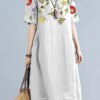 Women's Vintage Dress Short Sleeve Round Neck Floral Printed Casual A-Line Loose Summer Midi Dress