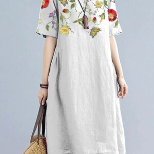 Women's Vintage Dress Short Sleeve Round Neck Floral Printed Casual A-Line Loose Summer Midi Dress