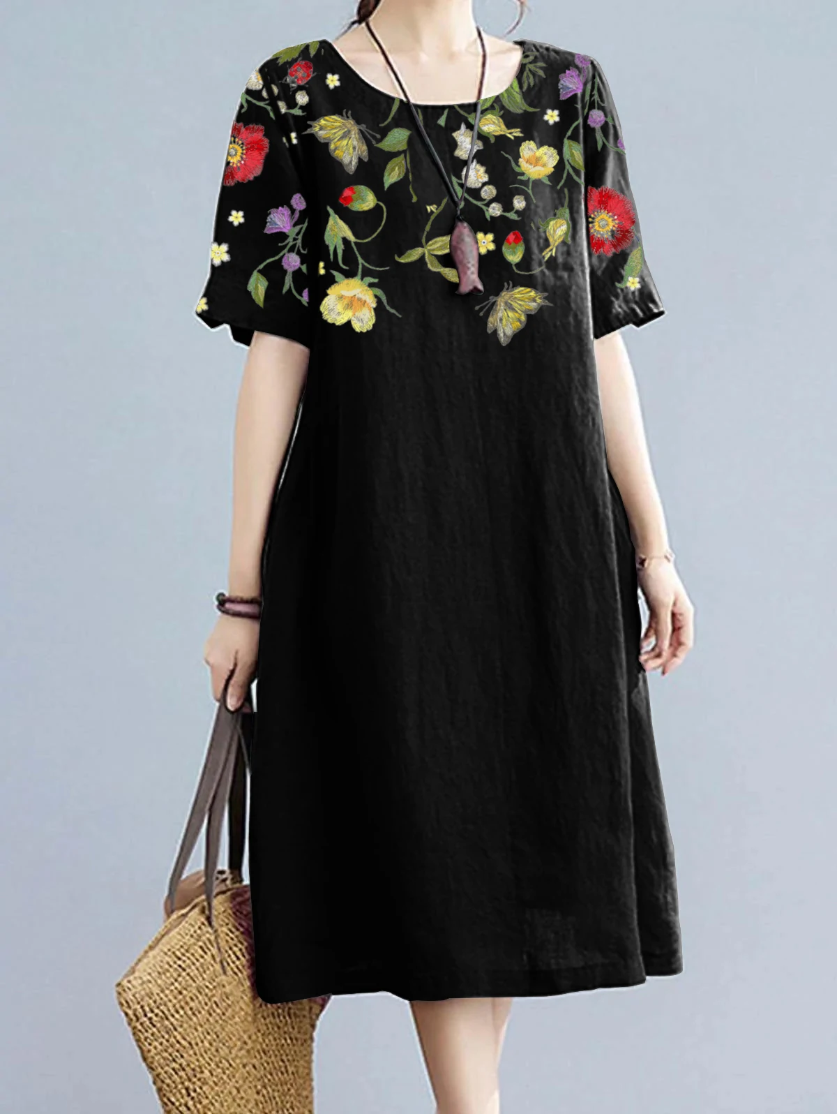 Women's Vintage Dress Short Sleeve Round Neck Floral Printed Casual A-Line Loose Summer Midi Dress