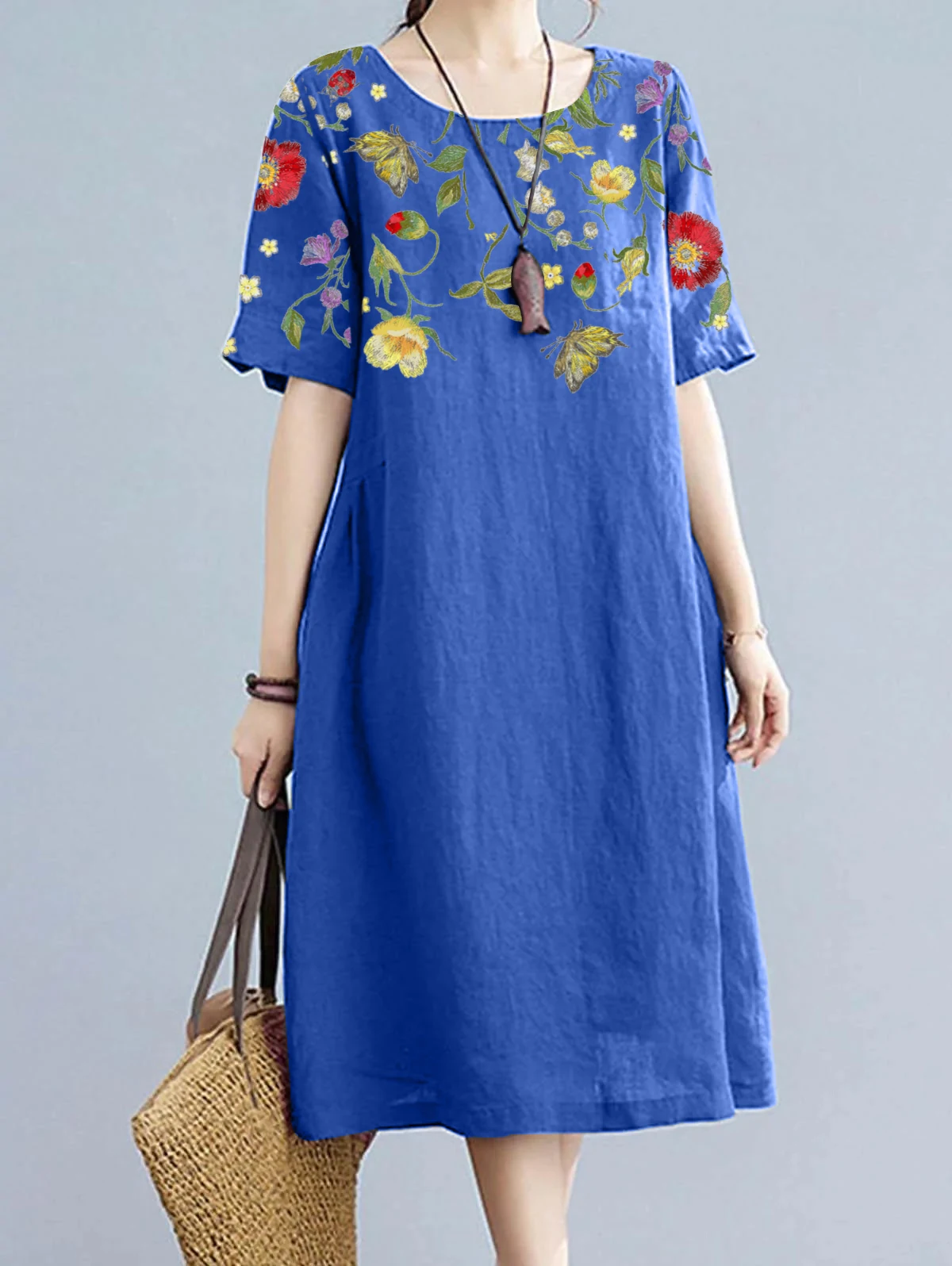 Women's Vintage Dress Short Sleeve Round Neck Floral Printed Casual A-Line Loose Summer Midi Dress