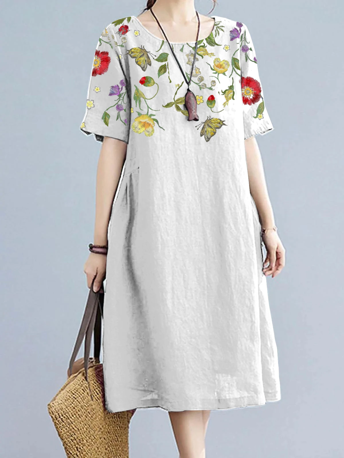 Women's Vintage Dress Short Sleeve Round Neck Floral Printed Casual A-Line Loose Summer Midi Dress