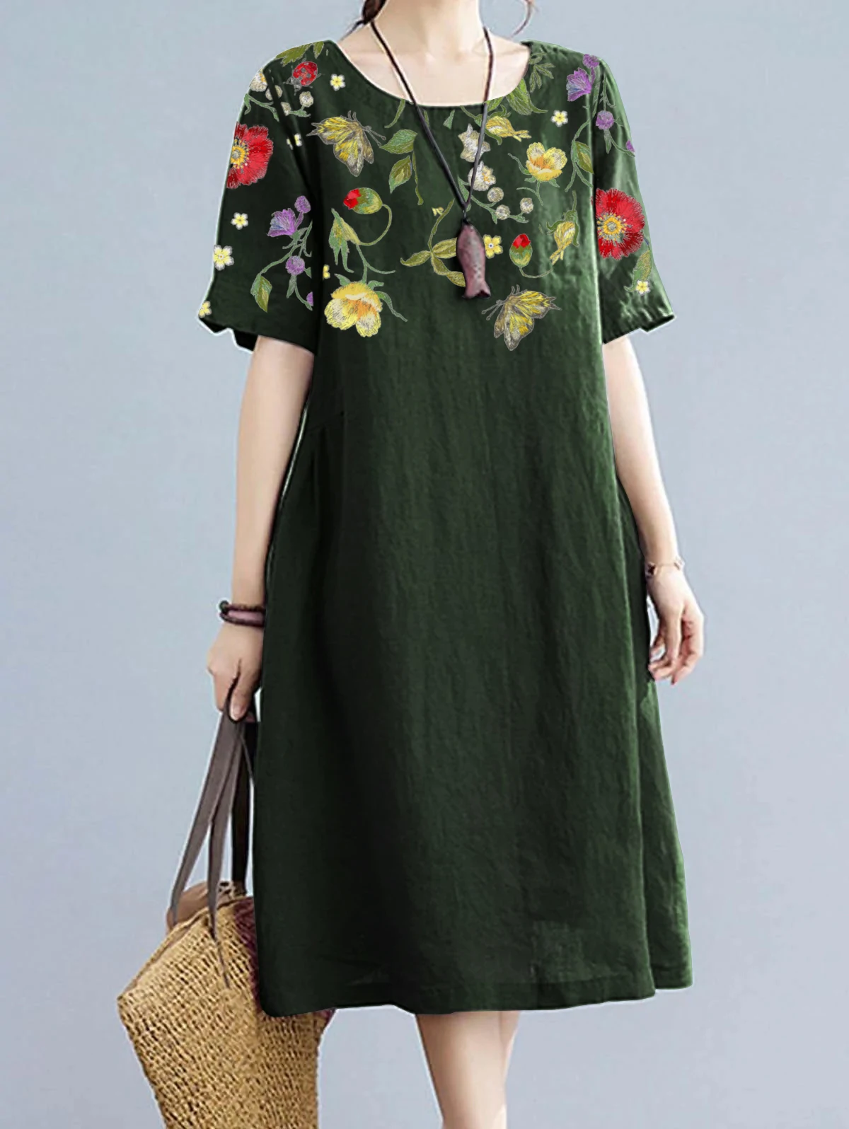 Women's Vintage Dress Short Sleeve Round Neck Floral Printed Casual A-Line Loose Summer Midi Dress