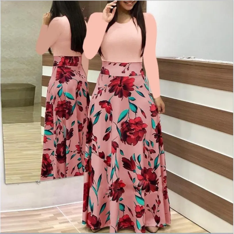 Women Floral Dot Print Patchwork Long Dress Summer Casual Short Sleeve O-Neck High Waist Robe Boho Beach Vintage Maxi Sundress Women Floral Dot Print Patchwork Long Dress Summer Casual Short Sleeve O-Neck High Waist Robe Boho Beach Vintage Maxi Sundress
