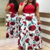 Women Floral Dot Print Patchwork Long Dress Summer Casual Short Sleeve O-Neck High Waist Robe Boho Beach Vintage Maxi Sundress