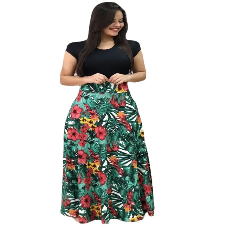 Women Floral Dot Print Patchwork Long Dress Summer Casual Short Sleeve O-Neck High Waist Robe Boho Beach Vintage Maxi Sundress 6 33487 gmcusl