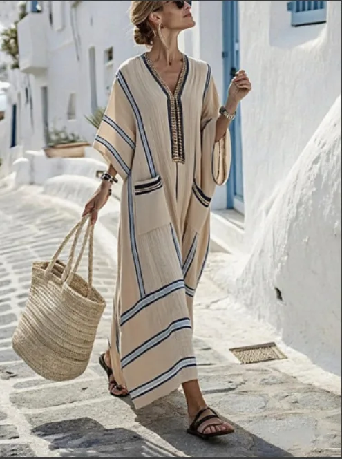 New Summer Large-size Striped Print Long Large-spoke V-neck Dress Fashionable Casual Loose Elegant Pocket Dress Females
