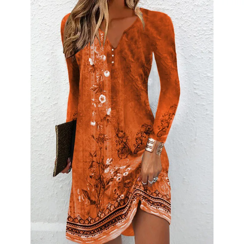 Women's Floral Print Long Sleeve V-Neck Loose Fit Casual Dress