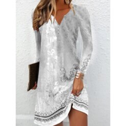 Womens Floral Print Long Sleeve V-Neck Loose Fit Dress