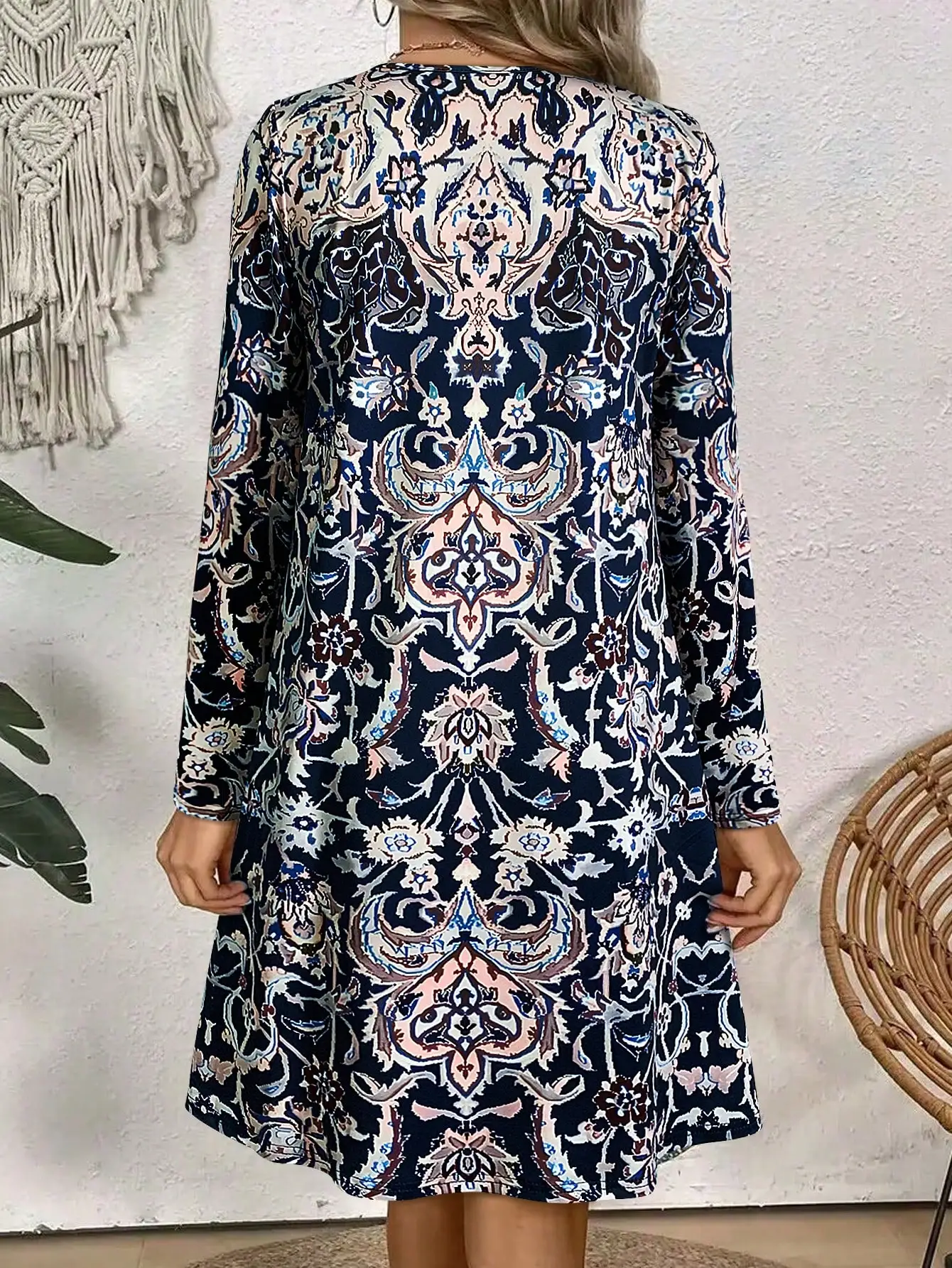 Allover Print Crew Neck Loose Dress, Vintage Long Sleeve Dress For Fall/Winter-Women's Early Autumn Long - Sleeve Dress