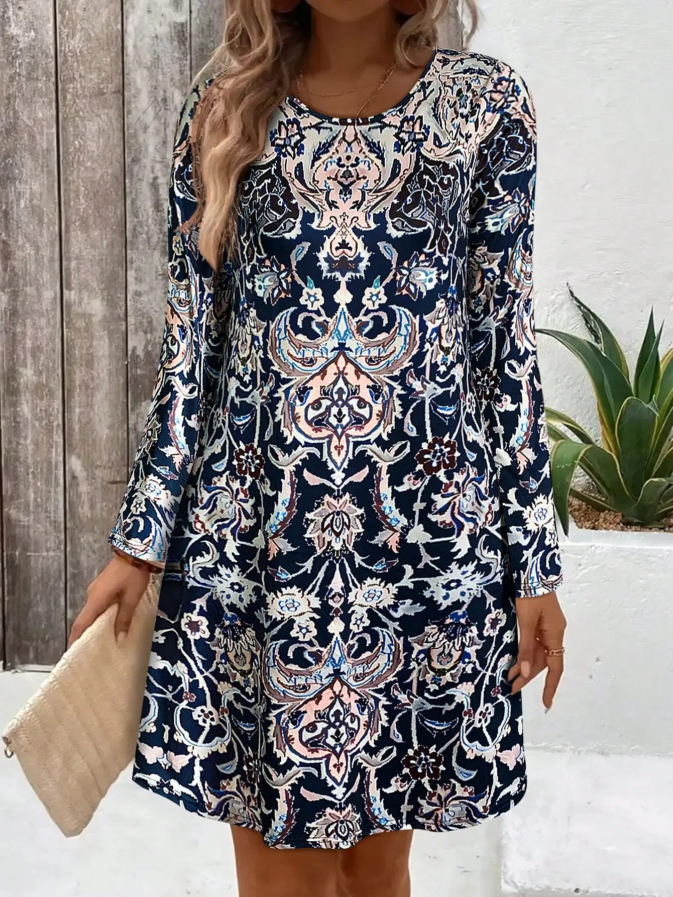 Allover Print Crew Neck Loose Dress, Vintage Long Sleeve Dress For Fall/Winter-Women's Early Autumn Long - Sleeve Dress