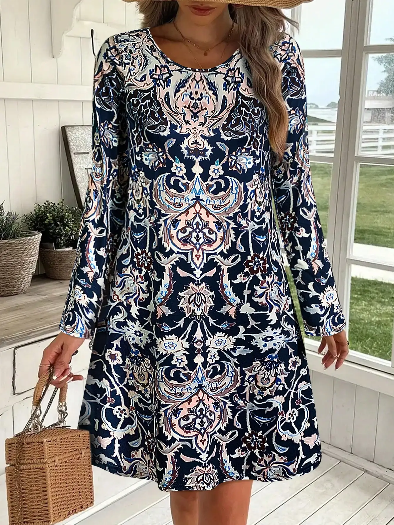 Allover Print Crew Neck Loose Dress, Vintage Long Sleeve Dress For Fall/Winter-Women's Early Autumn Long - Sleeve Dress