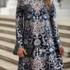 Allover Print Crew Neck Loose Dress, Vintage Long Sleeve Dress For Fall/Winter-Women's Early Autumn Long - Sleeve Dress