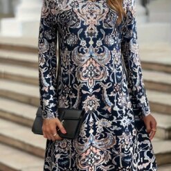 Allover Print Crew Neck Loose Dress Vintage Long Sleeve