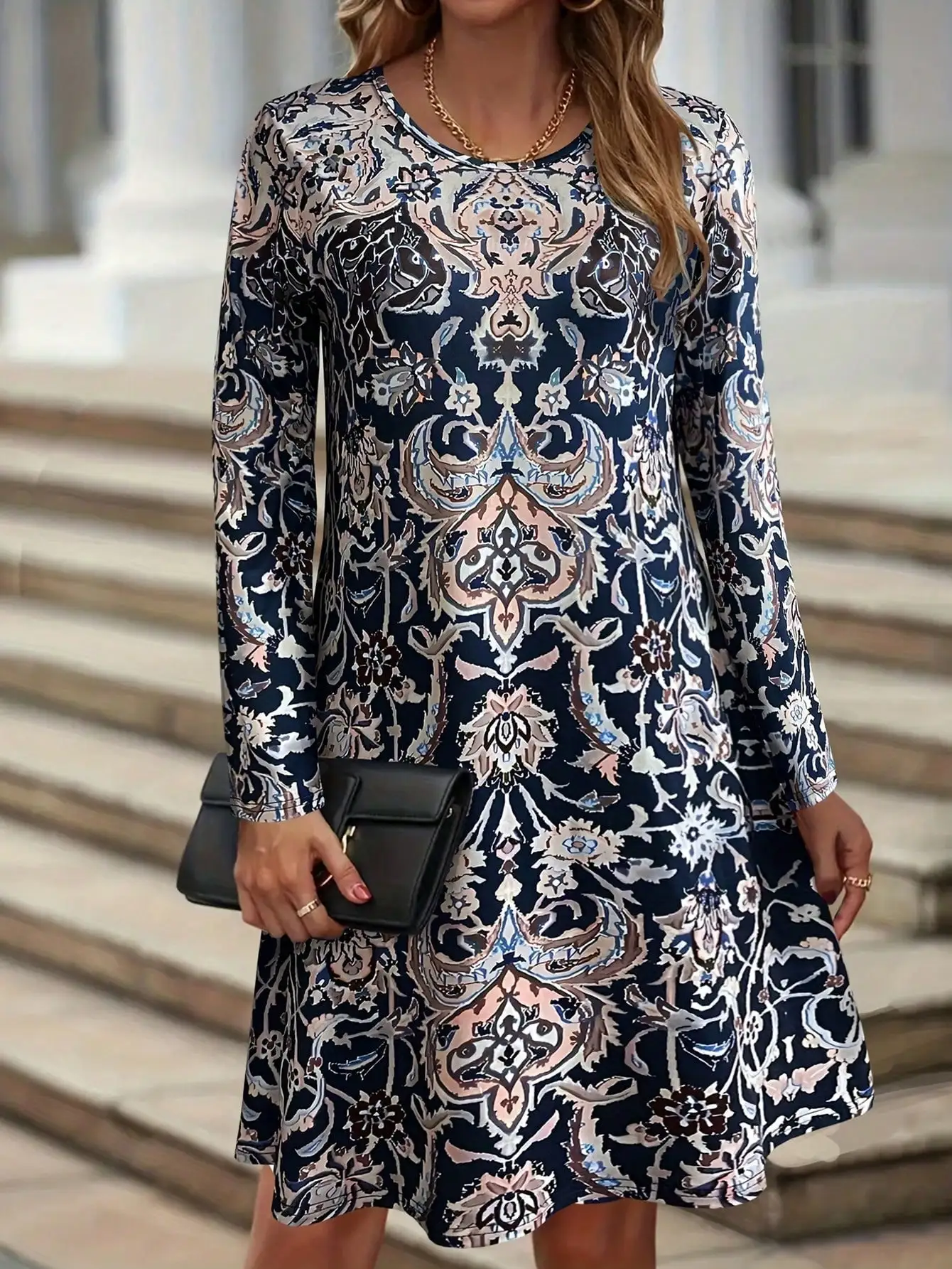 Allover Print Crew Neck Loose Dress, Vintage Long Sleeve Dress For Fall/Winter-Women's Early Autumn Long - Sleeve Dress