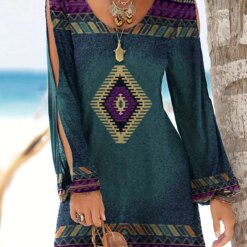 Womens Geometric Print Off-The-Shoulder Short Sleeve Dress