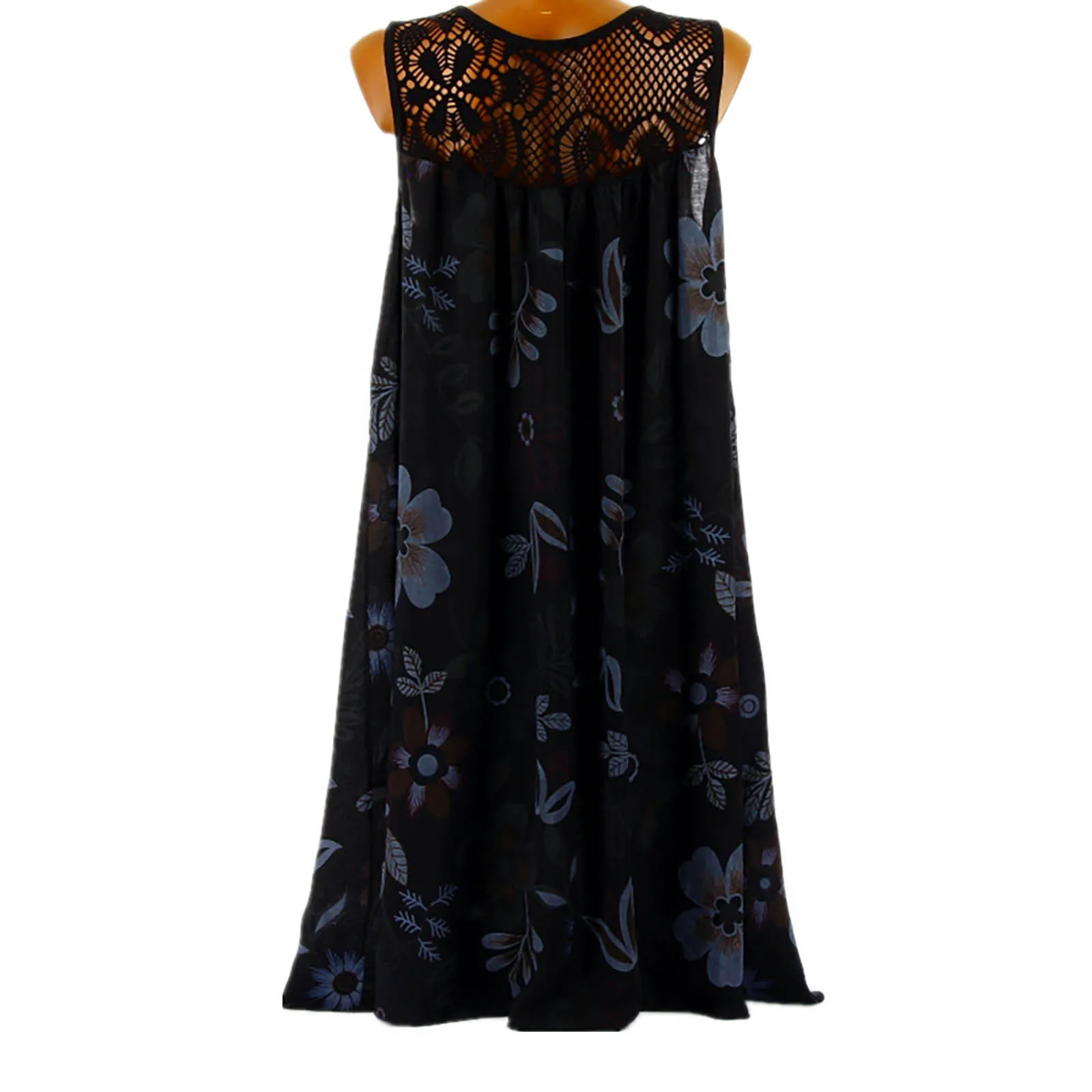 Bohemian Beach Dress Summer Lace Patchwork Sleeveless Tank Dress Vintage Floral Printed Dress Sleeveless Robe Holiday Vestidos