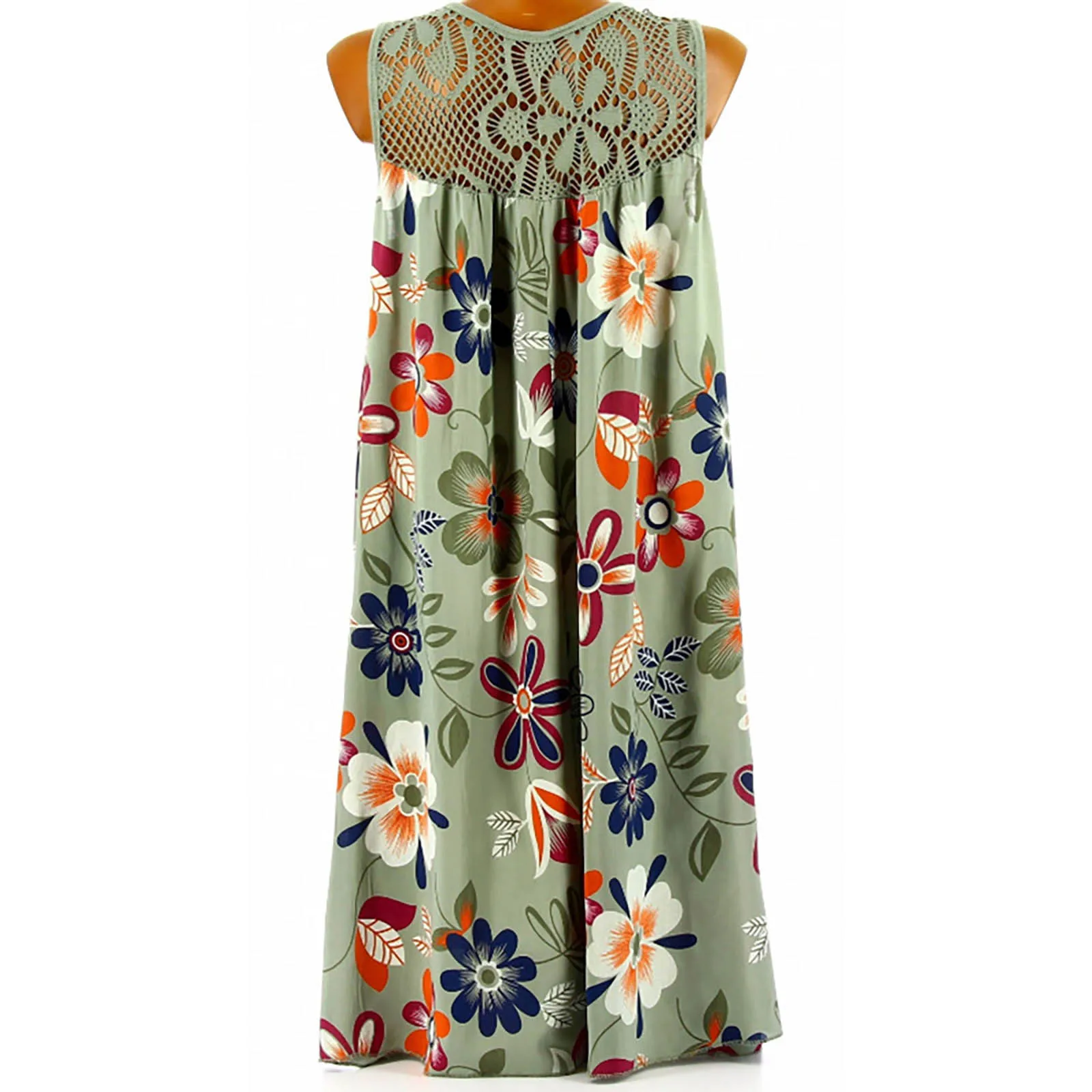 Bohemian Beach Dress Summer Lace Patchwork Sleeveless Tank Dress Vintage Floral Printed Dress Sleeveless Robe Holiday Vestidos