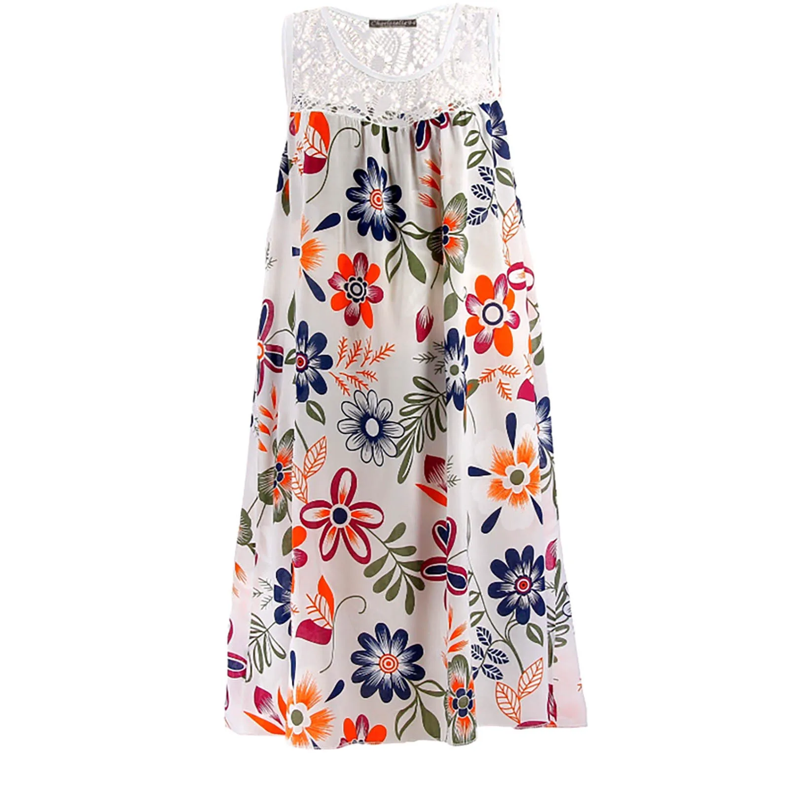 Bohemian Beach Dress Summer Lace Patchwork Sleeveless Tank Dress Vintage Floral Printed Dress Sleeveless Robe Holiday Vestidos