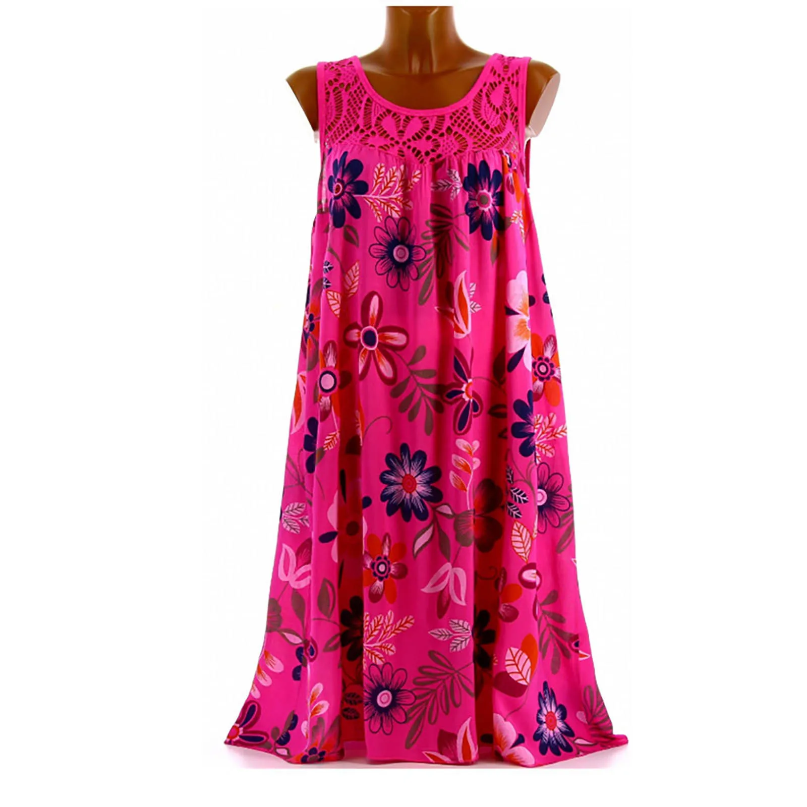 Bohemian Beach Dress Summer Lace Patchwork Sleeveless Tank Dress Vintage Floral Printed Dress Sleeveless Robe Holiday Vestidos