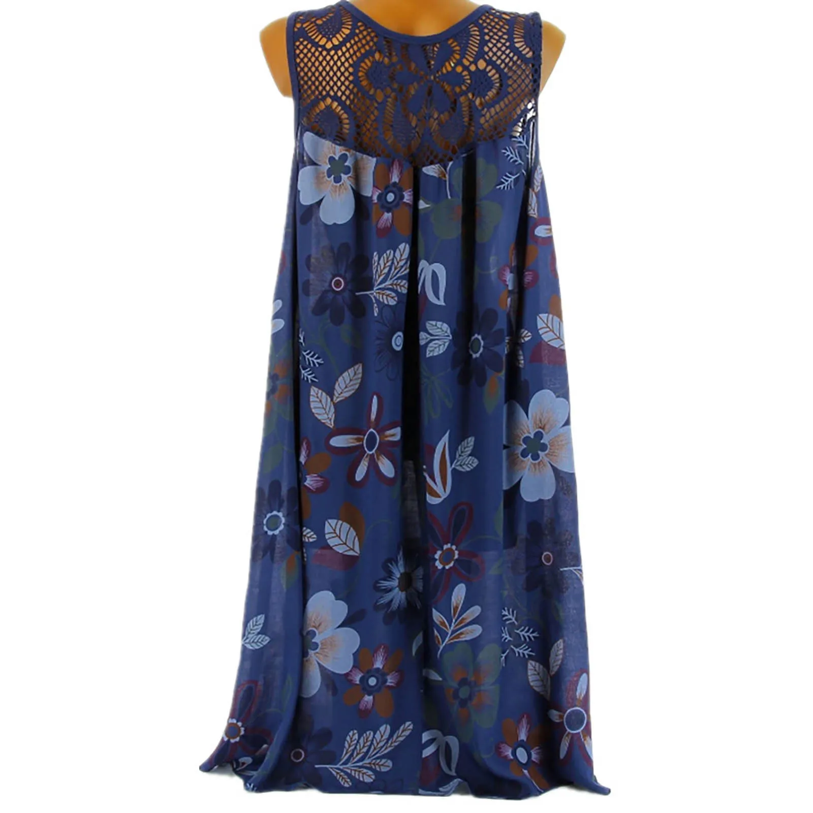 Bohemian Beach Dress Summer Lace Patchwork Sleeveless Tank Dress Vintage Floral Printed Dress Sleeveless Robe Holiday Vestidos