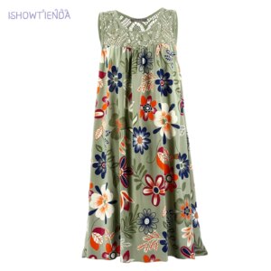 Bohemian Beach Dress Summer Lace Patchwork Sleeveless Tank Dress Vintage Floral Printed Dress Sleeveless Robe Holiday Vestidos