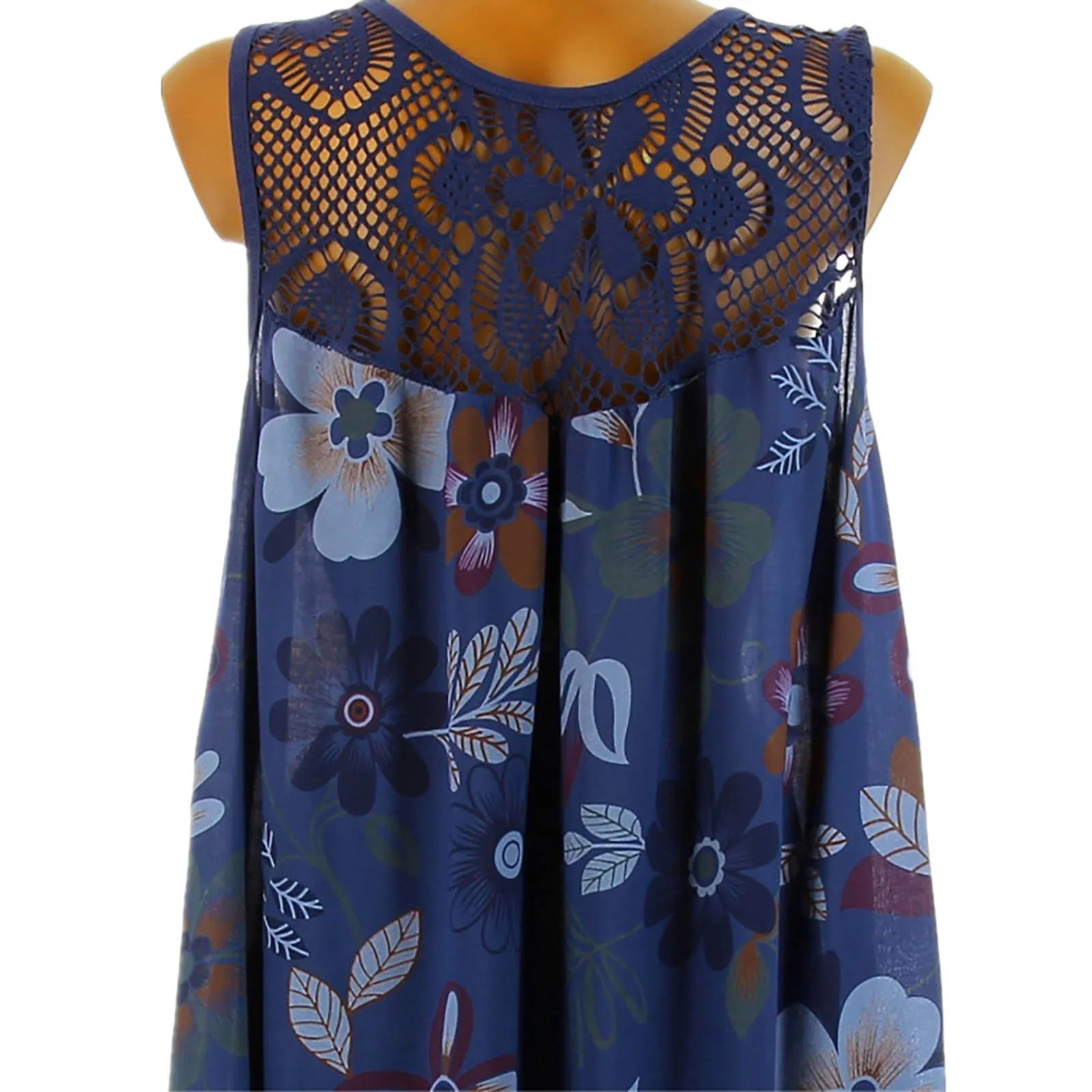 Bohemian Beach Dress Summer Lace Patchwork Sleeveless Tank Dress Vintage Floral Printed Dress Sleeveless Robe Holiday Vestidos