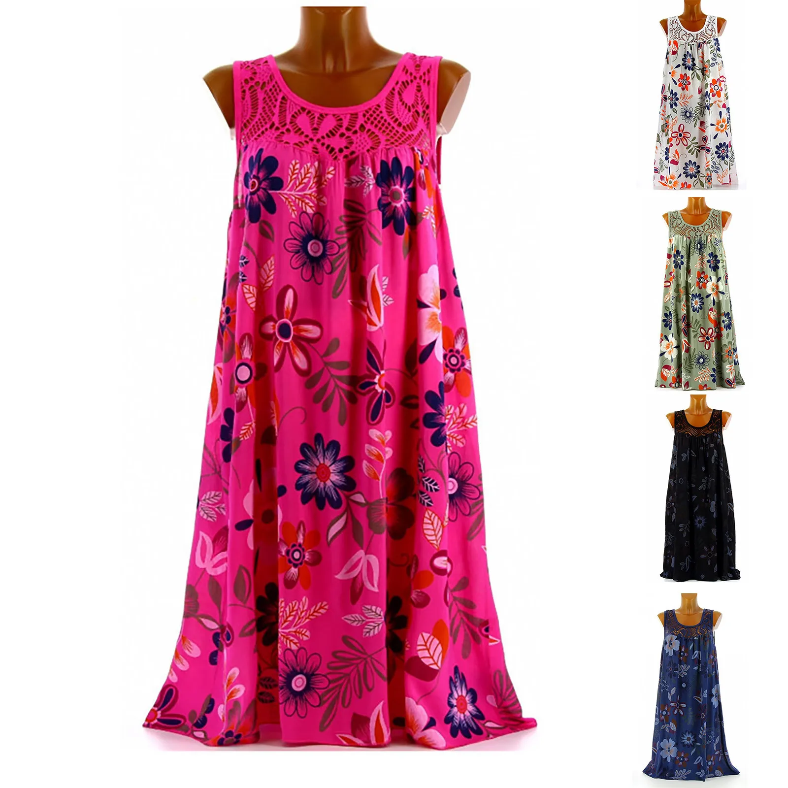 Bohemian Beach Dress Summer Lace Patchwork Sleeveless Tank Dress Vintage Floral Printed Dress Sleeveless Robe Holiday Vestidos