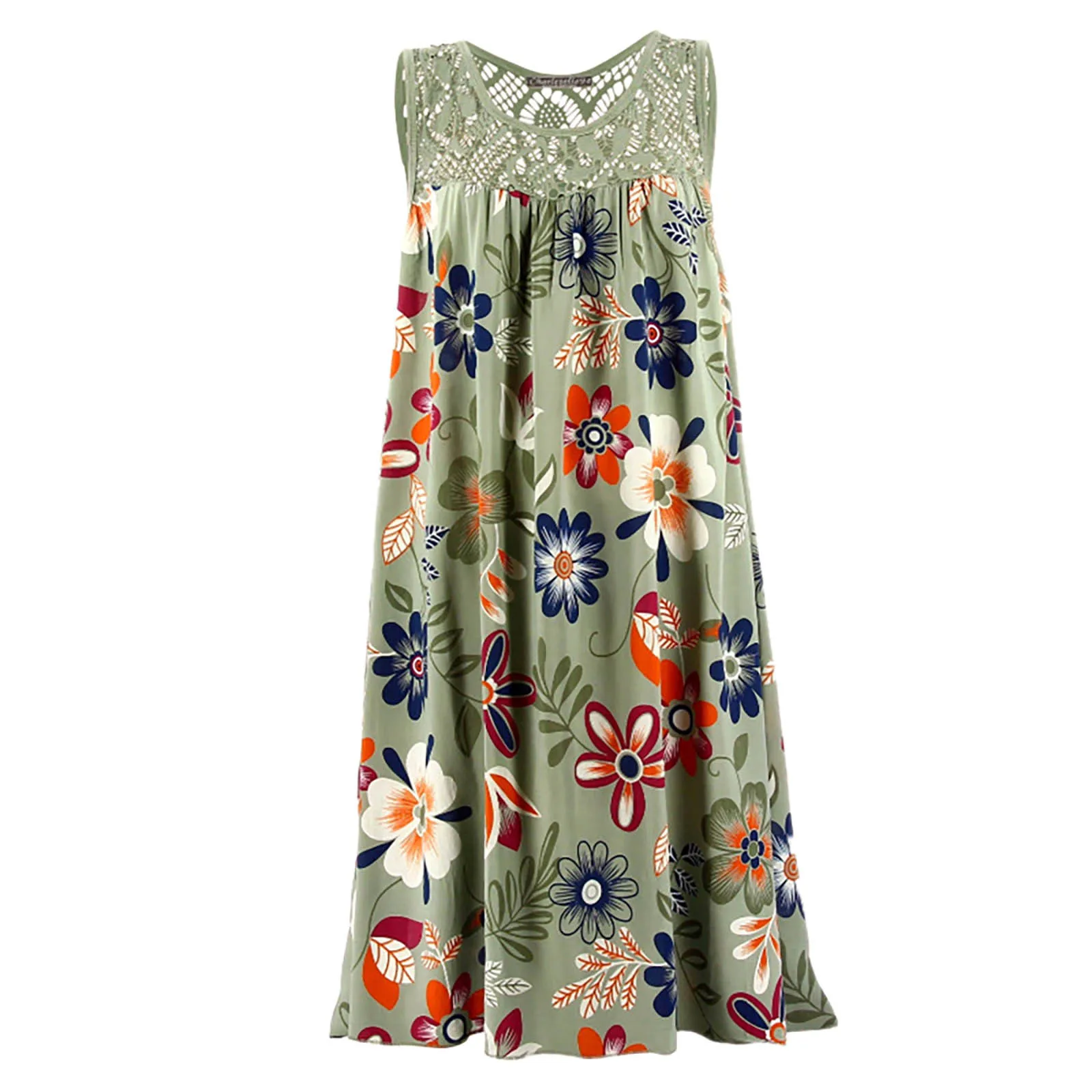 Bohemian Beach Dress Summer Lace Patchwork Sleeveless Tank Dress Vintage Floral Printed Dress Sleeveless Robe Holiday Vestidos