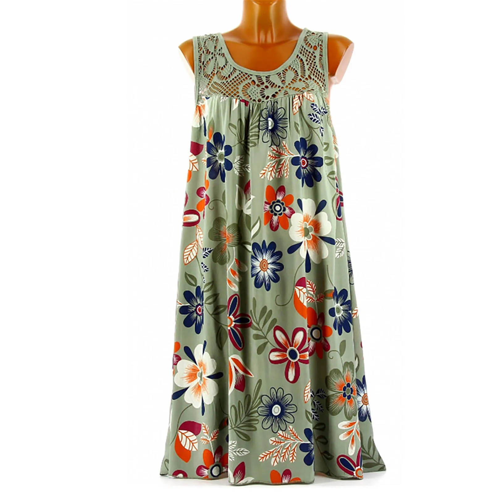 Bohemian Beach Dress Summer Lace Patchwork Sleeveless Tank Dress Vintage Floral Printed Dress Sleeveless Robe Holiday Vestidos