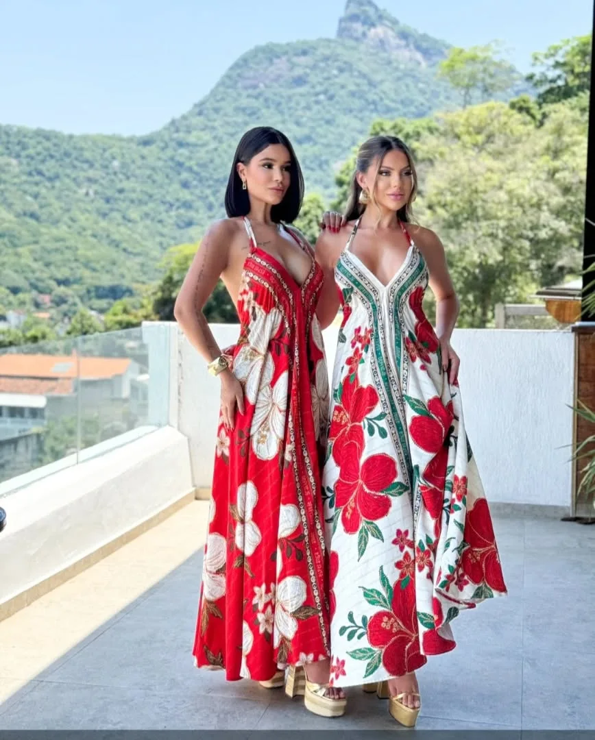 Spring Summer Temperament Elegant Casual Dress Women's Fashion Vacation Style Backless V-neck Suspender Printed Long Swing Dress