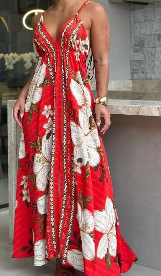 Spring Summer Temperament Elegant Casual Dress Women's Fashion Vacation Style Backless V-neck Suspender Printed Long Swing Dress