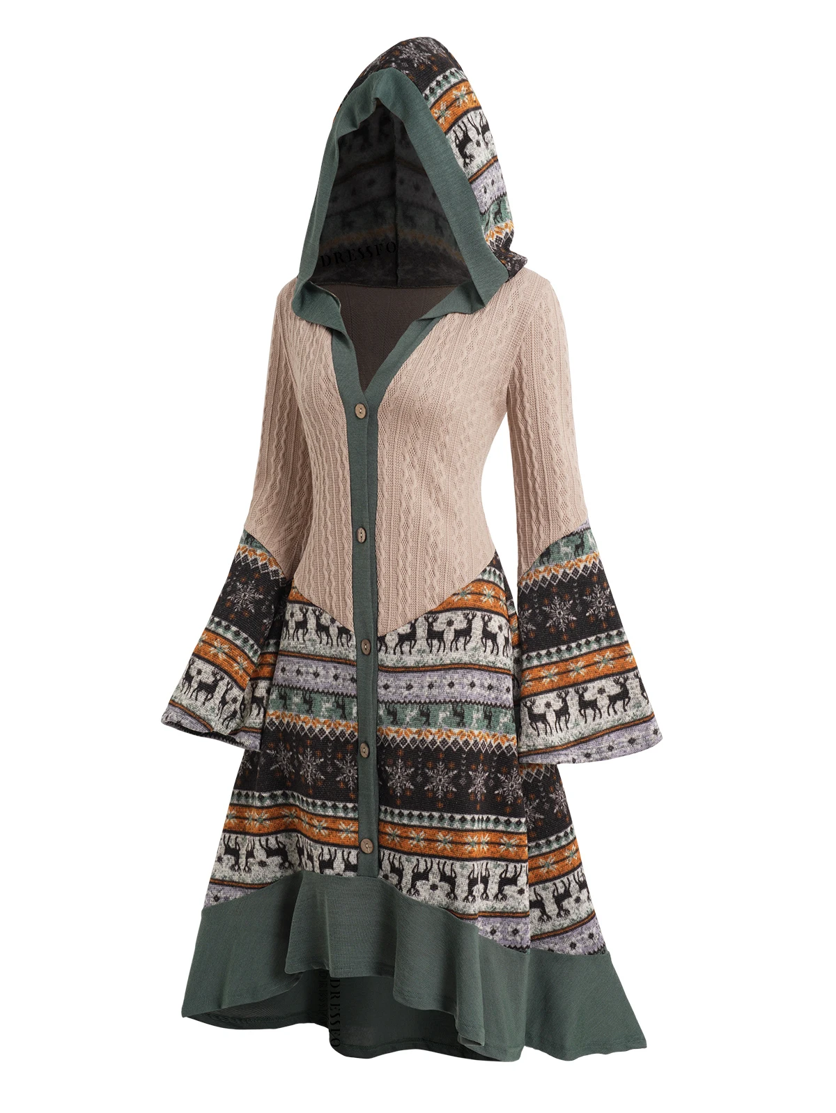 Womens Christmas Dress Elk Snowflake Tribal Pattern Knit High Low Flocking Liner Hooded Dress Button Up Flare Sleeve Midi Dress