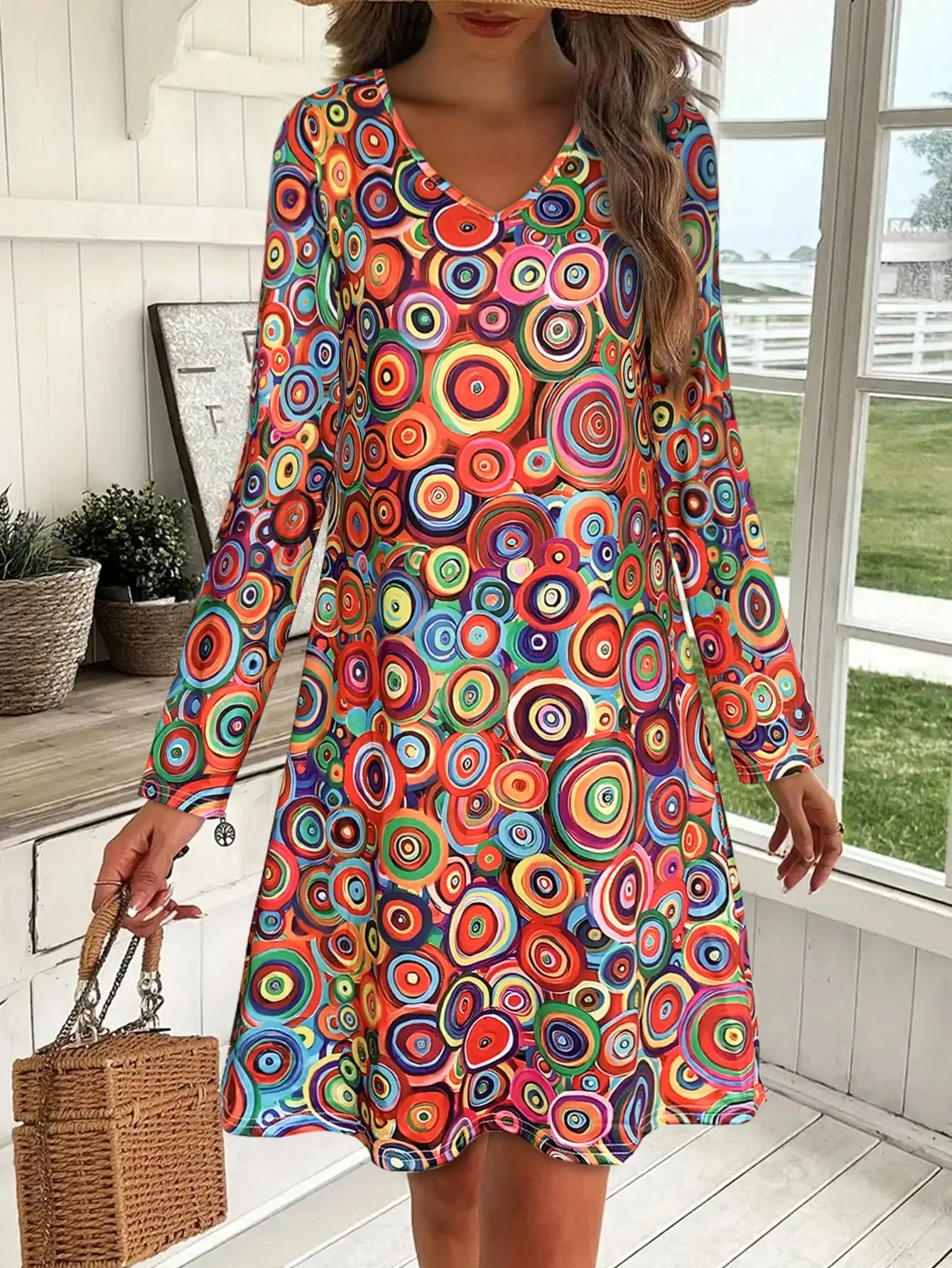 Women's Long Sleeve Graphic Print Dress For Spring，Women's V-Neck Long Sleeve Circle Dress - Elegant Midi Dress with Flowy Skirt