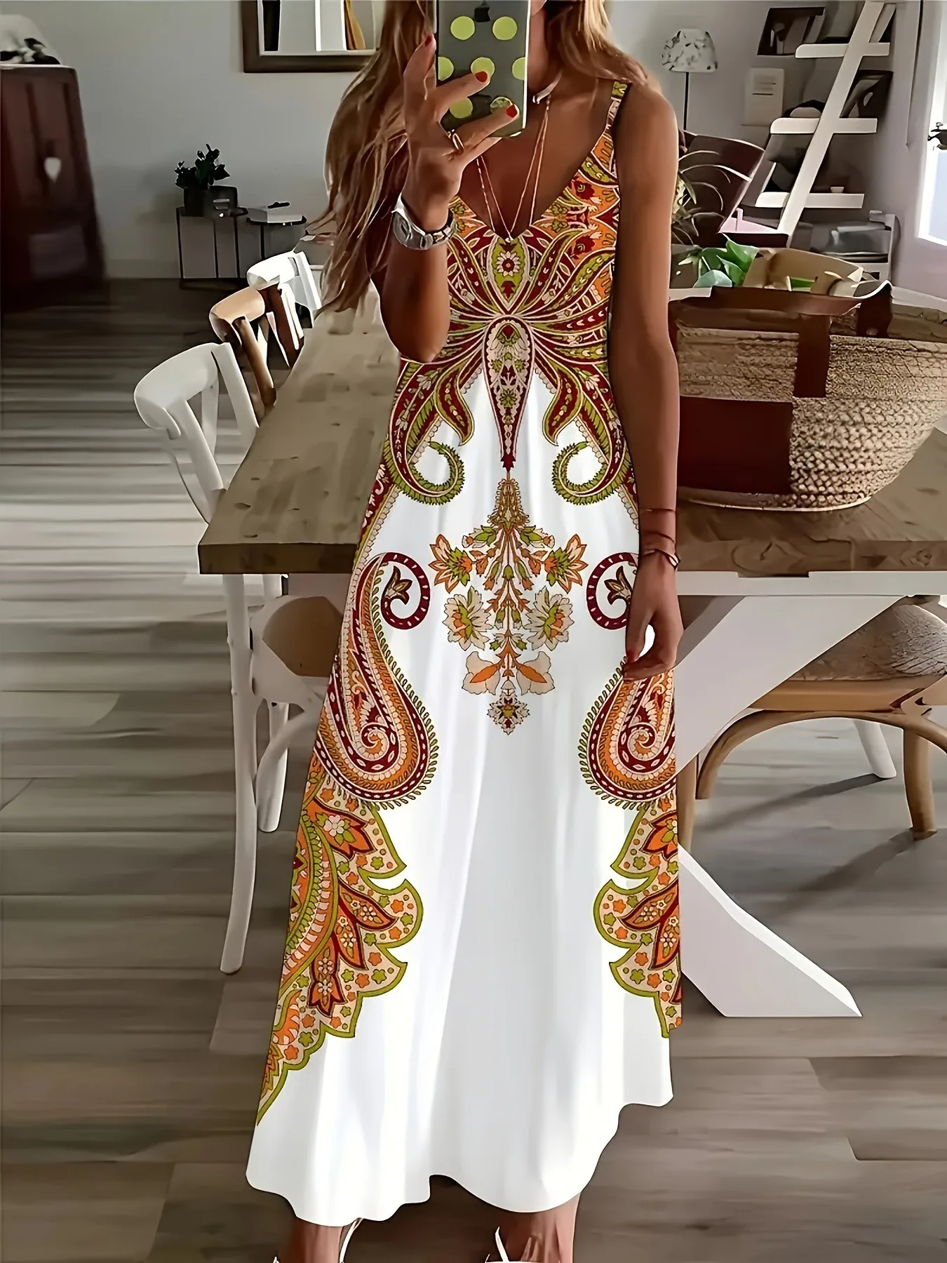 2024 Cross border New Flower Printed V-neck Strap Dress with Exotic Bohemian Vacation Style Elegant Long Style