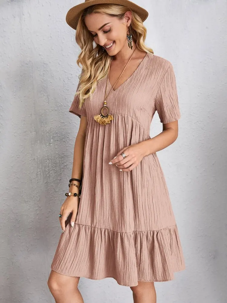Vintage Solid Elegant Women Dress 2023 Summer Fashion Casual V-Neck High Waist A-Line Mini Dresses Lady Short Sleeve Party Dress