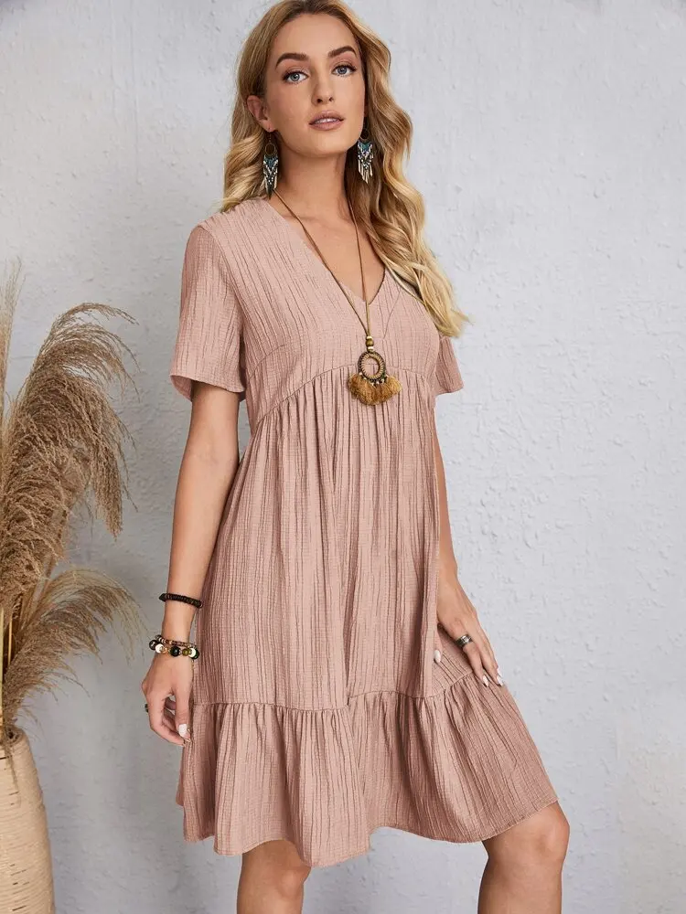Vintage Solid Elegant Women Dress 2023 Summer Fashion Casual V-Neck High Waist A-Line Mini Dresses Lady Short Sleeve Party Dress