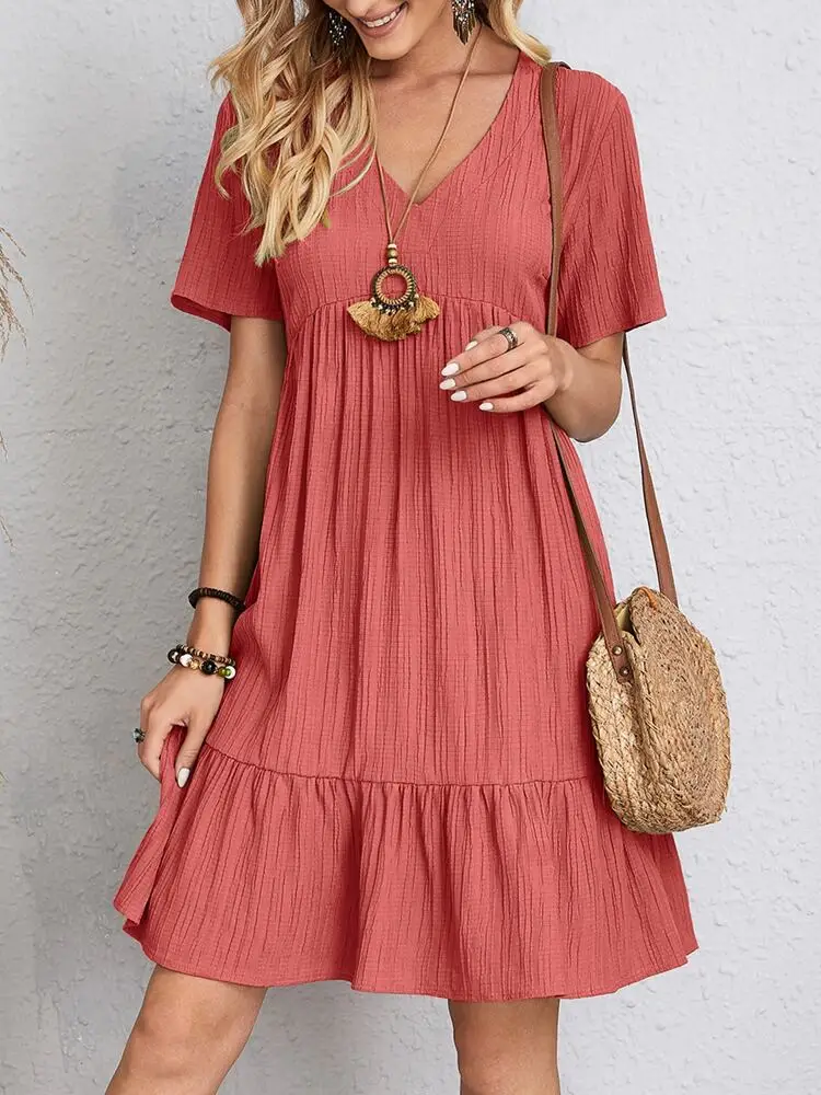 Vintage Solid Elegant Women Dress 2023 Summer Fashion Casual V-Neck High Waist A-Line Mini Dresses Lady Short Sleeve Party Dress