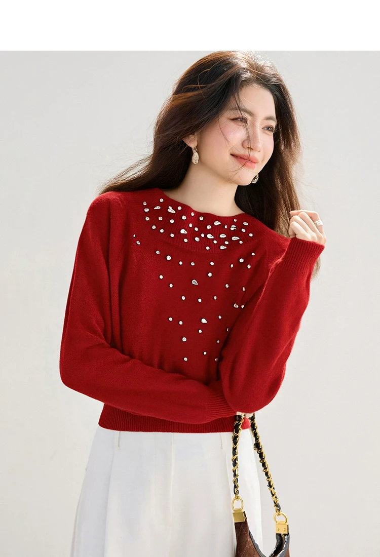 Beaded Sweater 2025 Winter French Socialite One-Shoulder Top Sweet And Soft Base Layer