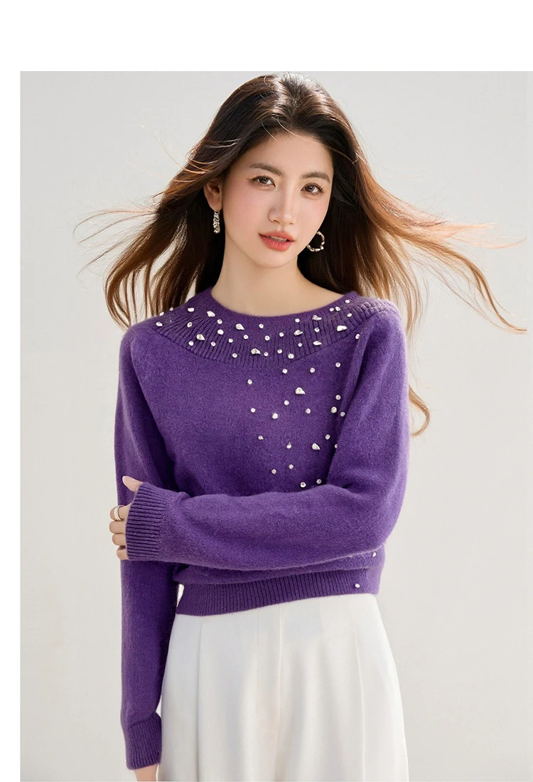 Beaded Sweater 2025 Winter French Socialite One-Shoulder Top Sweet And Soft Base Layer