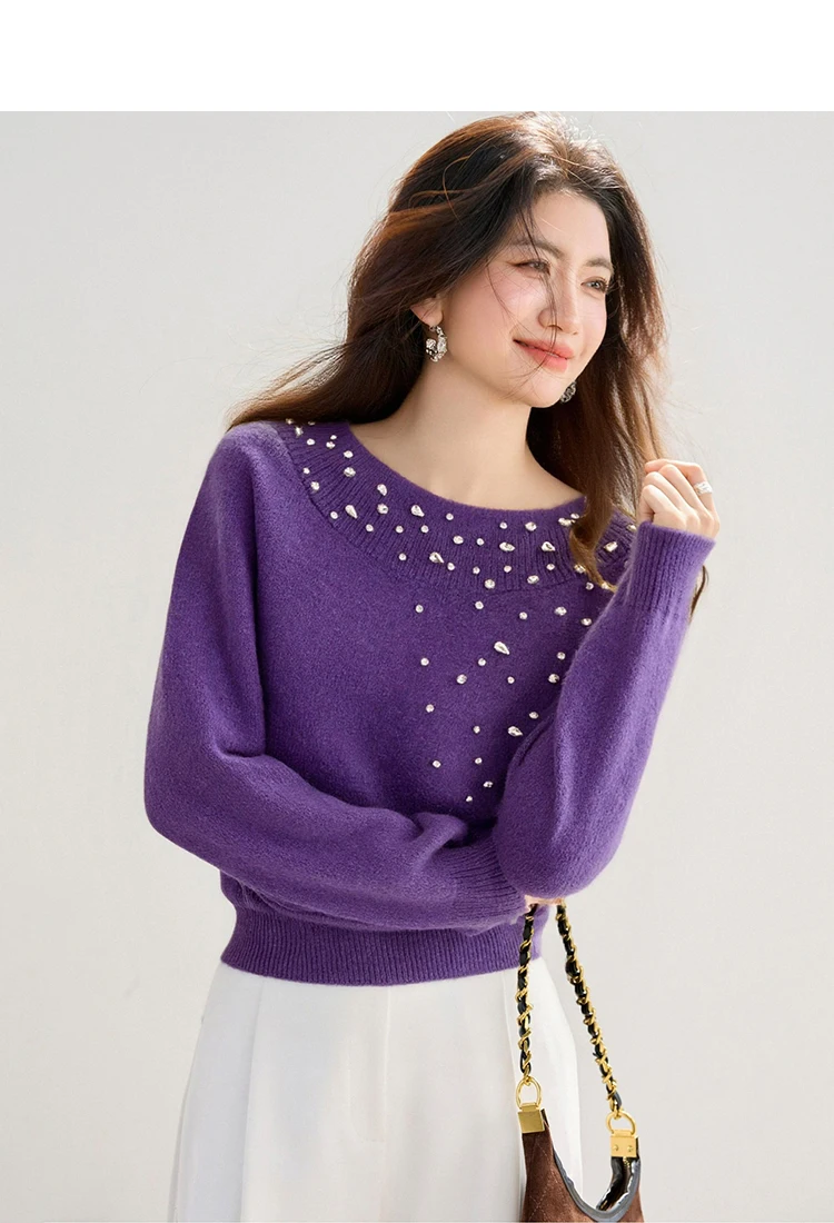 Beaded Sweater 2025 Winter French Socialite One-Shoulder Top Sweet And Soft Base Layer