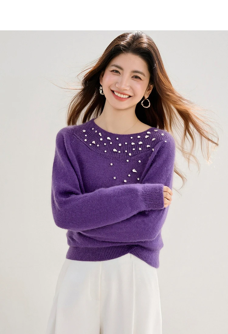 Beaded Sweater 2025 Winter French Socialite One-Shoulder Top Sweet And Soft Base Layer