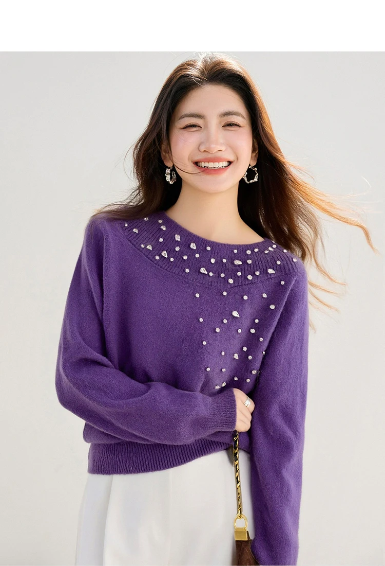 Beaded Sweater 2025 Winter French Socialite One-Shoulder Top Sweet And Soft Base Layer