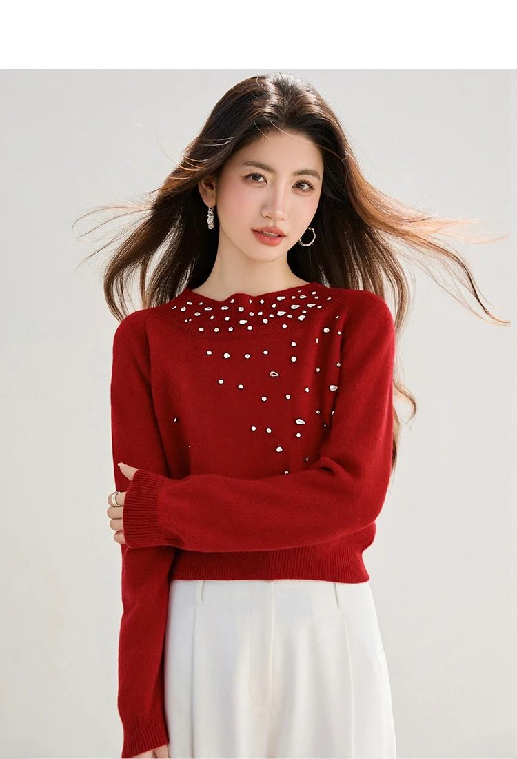 Beaded Sweater 2025 Winter French Socialite One-Shoulder Top Sweet And Soft Base Layer