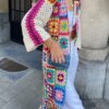 BOHO Colored Plaid Flower Hand Crochet Cardigan Ethnic Woman V neck Open Stitching Long Sweater Knitwear Jumper Holiday