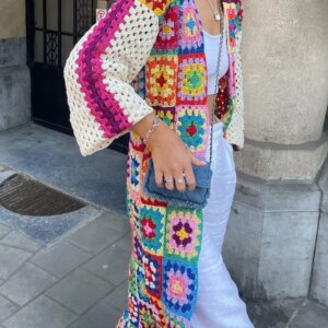 BOHO Colored Plaid Flower Hand Crochet Cardigan Ethnic Woman V neck Open Stitching Long Sweater Knitwear Jumper Holiday