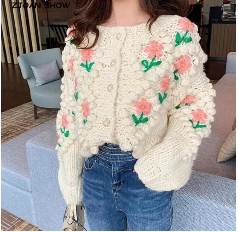 BOHO Colored Plaid Flower Hand Crochet Cardigan Ethnic Woman V neck Open Stitching Long Sweater Knitwear Jumper Holiday