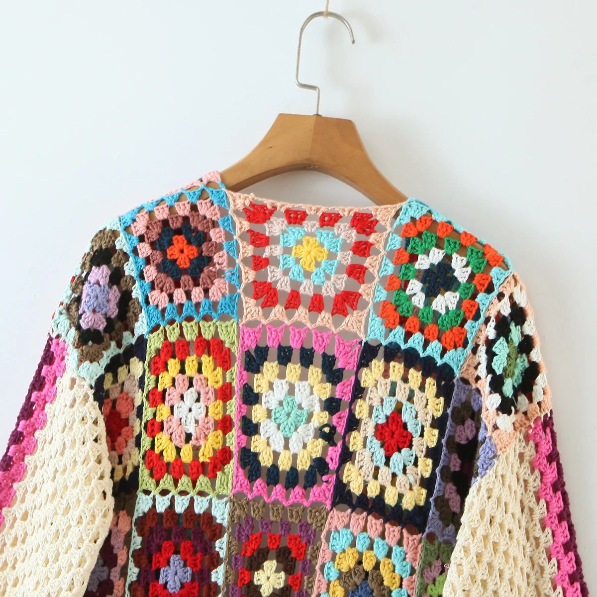 BOHO Colored Plaid Flower Hand Crochet Cardigan Ethnic Woman V neck Open Stitching Long Sweater Knitwear Jumper Holiday
