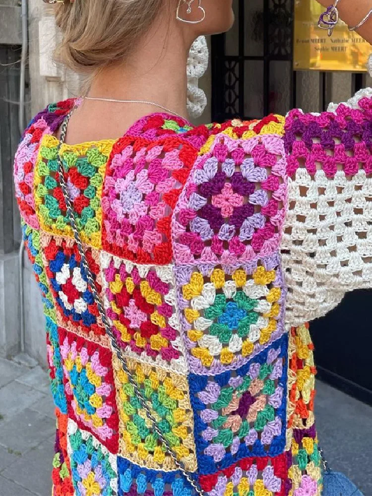 BOHO Colored Plaid Flower Hand Crochet Cardigan Ethnic Woman V neck Open Stitching Long Sweater Knitwear Jumper Holiday