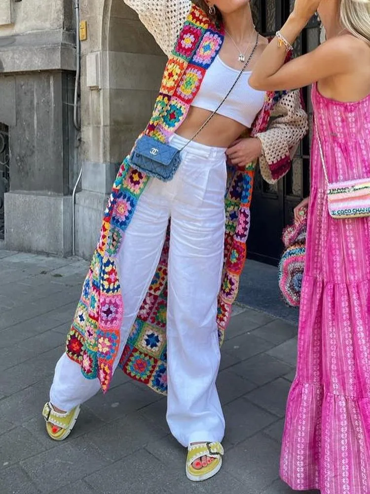 BOHO Colored Plaid Flower Hand Crochet Cardigan Ethnic Woman V neck Open Stitching Long Sweater Knitwear Jumper Holiday