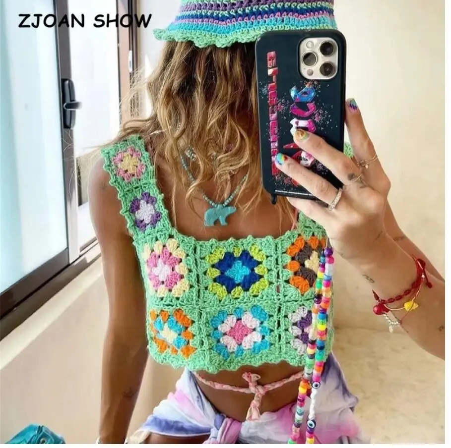 BOHO Colored Plaid Flower Hand Crochet Cardigan Ethnic Woman V neck Open Stitching Long Sweater Knitwear Jumper Holiday